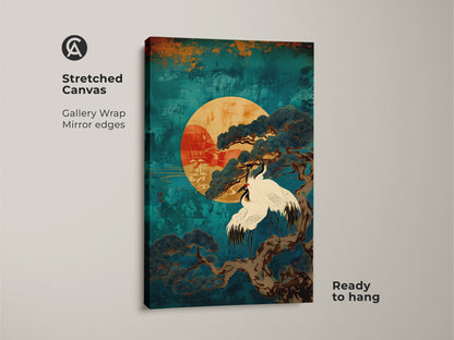 Stretched canvas of Japandi wall art featuring Teal Cranes on a Pine Tree beneath a striking sun. Gallery wrap with mirror edges provides a modern touch. Ideal for Asian nature print enthusiasts. Ready to hang this canvas art adds a calming and spiritual element to your home decor.