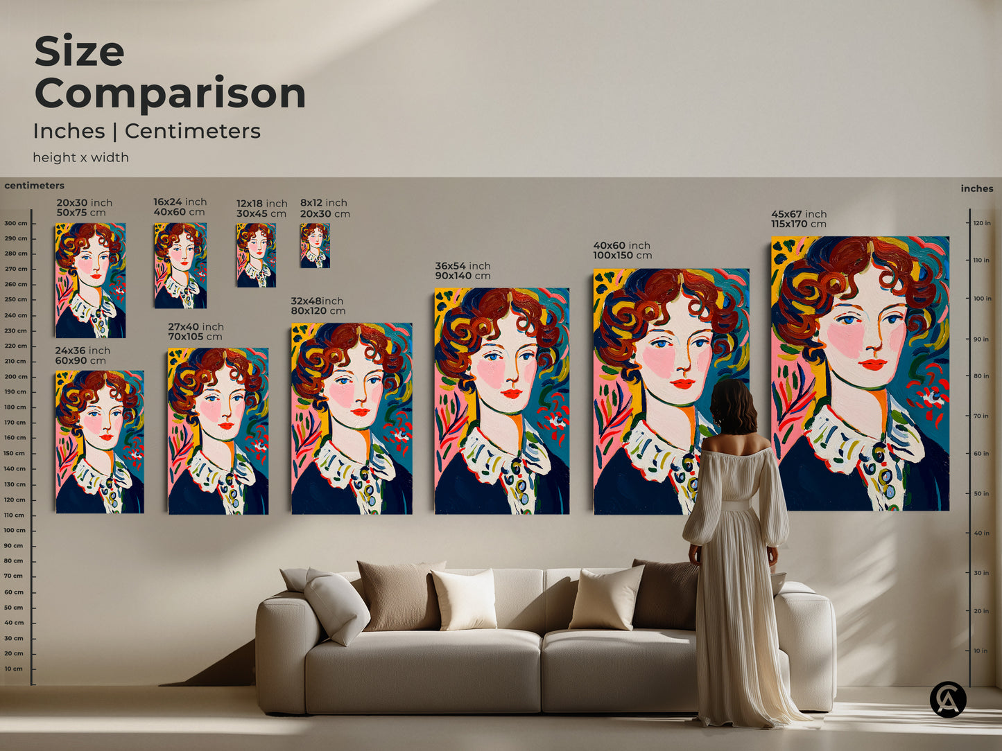Size comparison of portrait artwork prints. See how different sizes look in a living room setting. Choose from various dimensions to suit your space. Available as canvas or poster prints to enhance your home decor.
