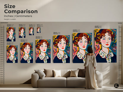 Size comparison of portrait artwork prints. See how different sizes look in a living room setting. Choose from various dimensions to suit your space. Available as canvas or poster prints to enhance your home decor.