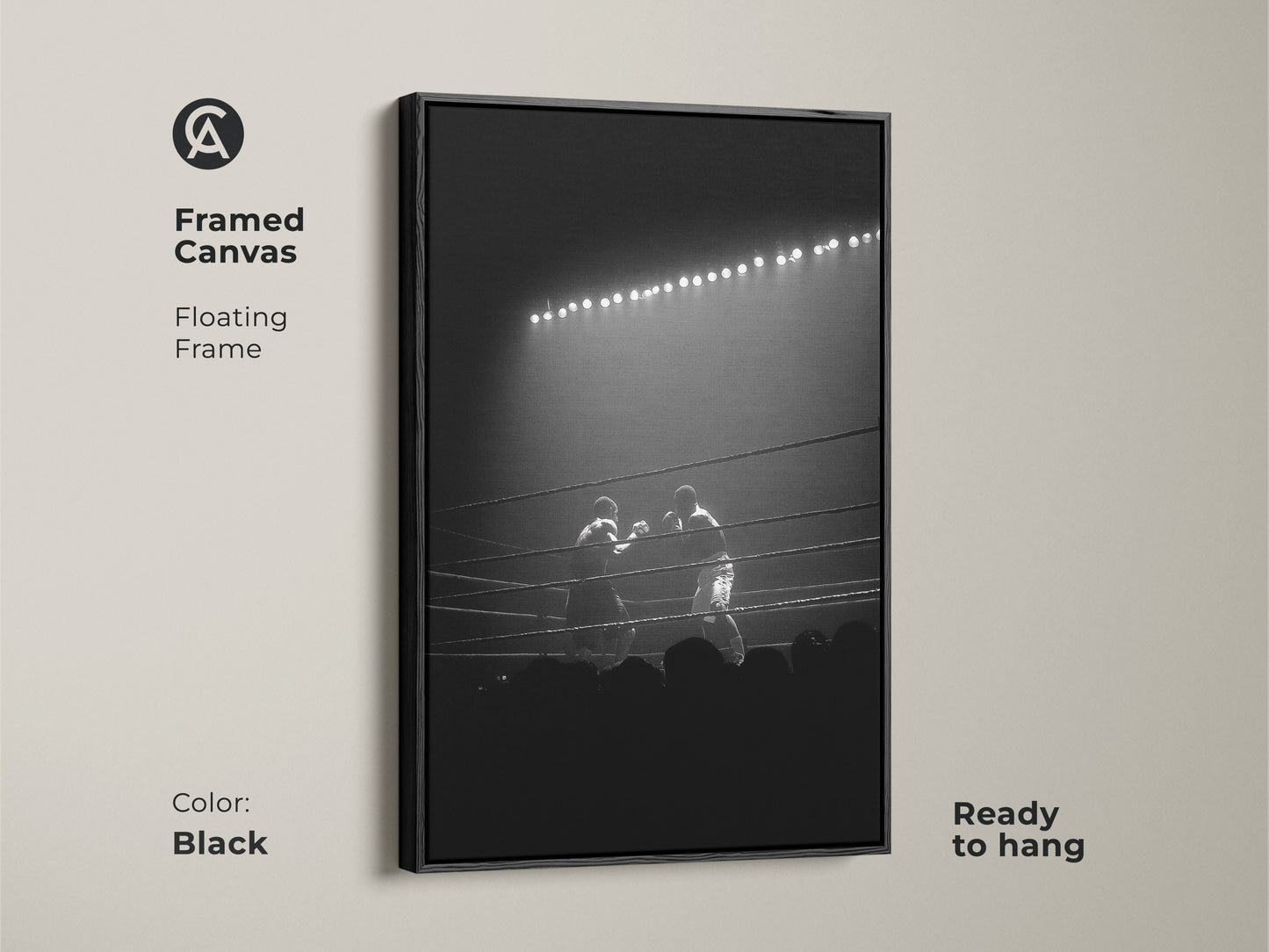 Framed canvas showcasing black and white boxing art with a floating frame. This office wall art is ready to hang. An ideal gift for a boxer or sports enthusiast to add to their space.