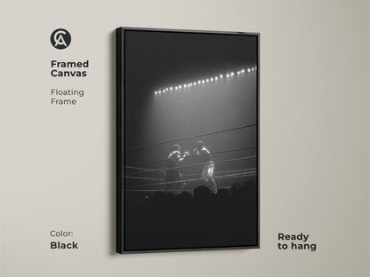 Framed canvas showcasing black and white boxing art with a floating frame. This office wall art is ready to hang. An ideal gift for a boxer or sports enthusiast to add to their space.
