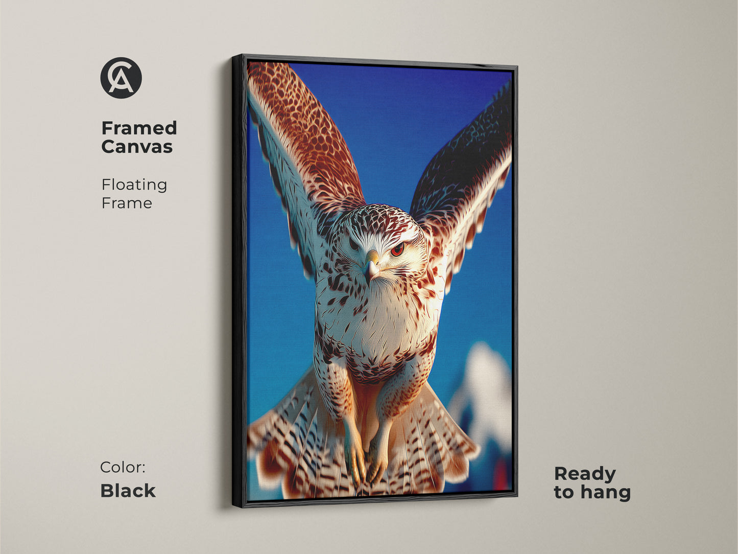 Framed in black this falcon canvas print is ready to hang. The floating frame enhances the realistic falcon painting against a blue sky. Ideal as bird of prey wall decor this animal bird artwork brings nature's beauty to any office or study.