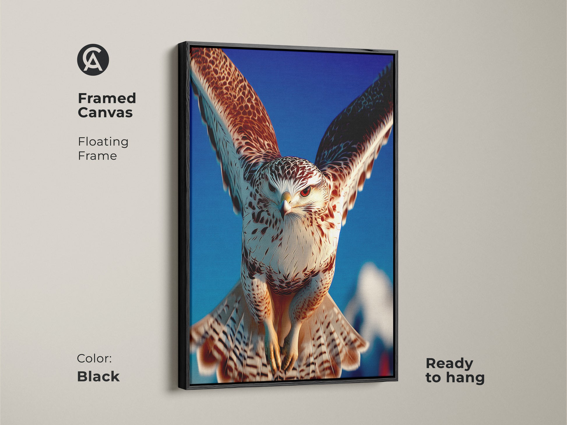 Framed in black this falcon canvas print is ready to hang. The floating frame enhances the realistic falcon painting against a blue sky. Ideal as bird of prey wall decor this animal bird artwork brings nature's beauty to any office or study.