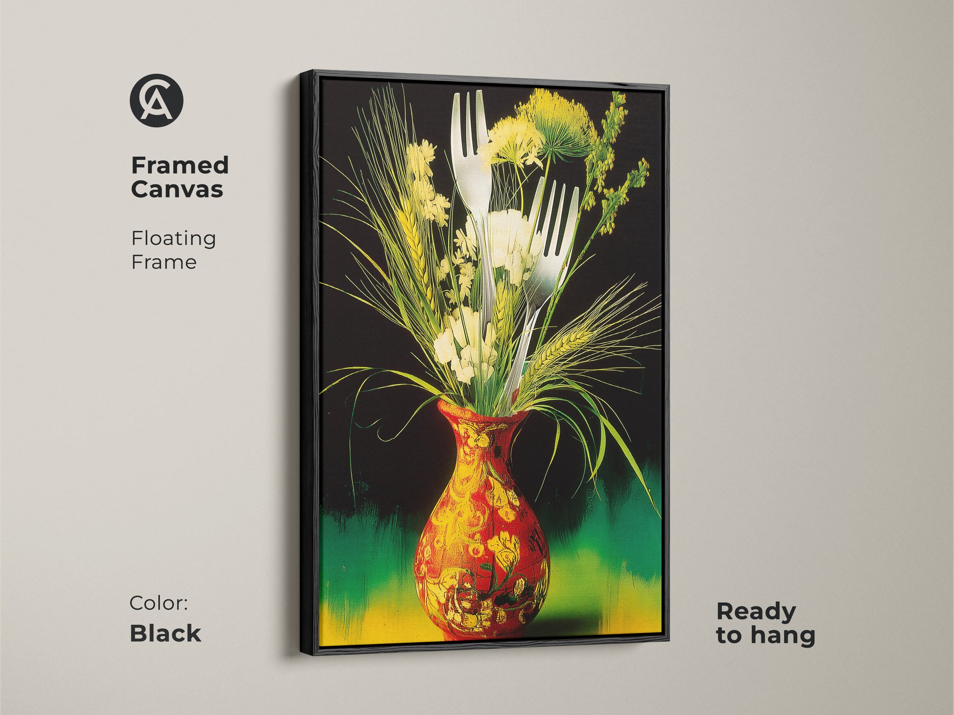 A black framed canvas presents a still life botanical print. The red yellow green art is a unique wall hanging. This eclectic kitchen decor is ready to hang. Its perfect as dining room wall art.