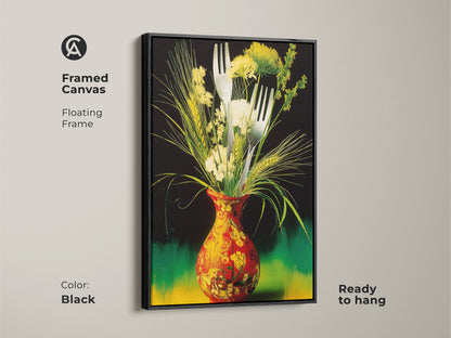 A black framed canvas presents a still life botanical print. The red yellow green art is a unique wall hanging. This eclectic kitchen decor is ready to hang. Its perfect as dining room wall art.