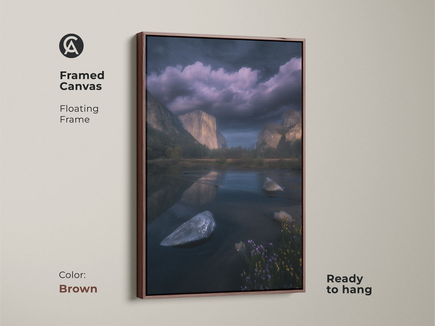 Brown framed canvas of El Capitan and Merced River Yosemite. A floating frame complements this dark blue mountain landscape art. Ready to hang nature wall art for bedroom or living room decor. Showcasing a photorealistic Yosemite scenic view print.