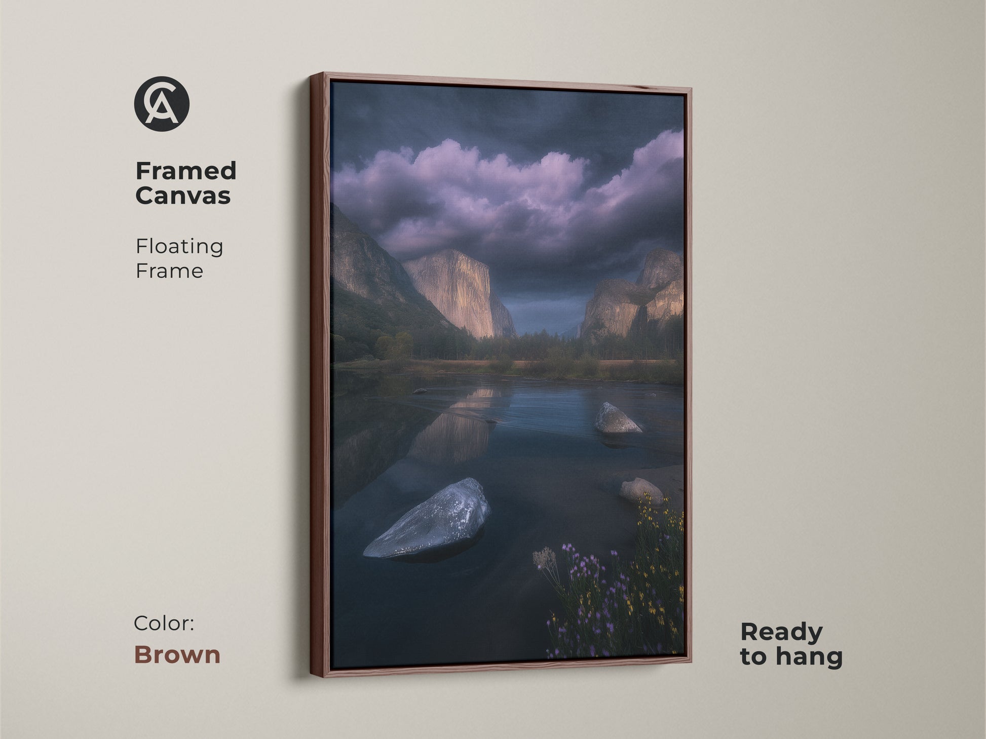 Brown framed canvas of El Capitan and Merced River Yosemite. A floating frame complements this dark blue mountain landscape art. Ready to hang nature wall art for bedroom or living room decor. Showcasing a photorealistic Yosemite scenic view print.