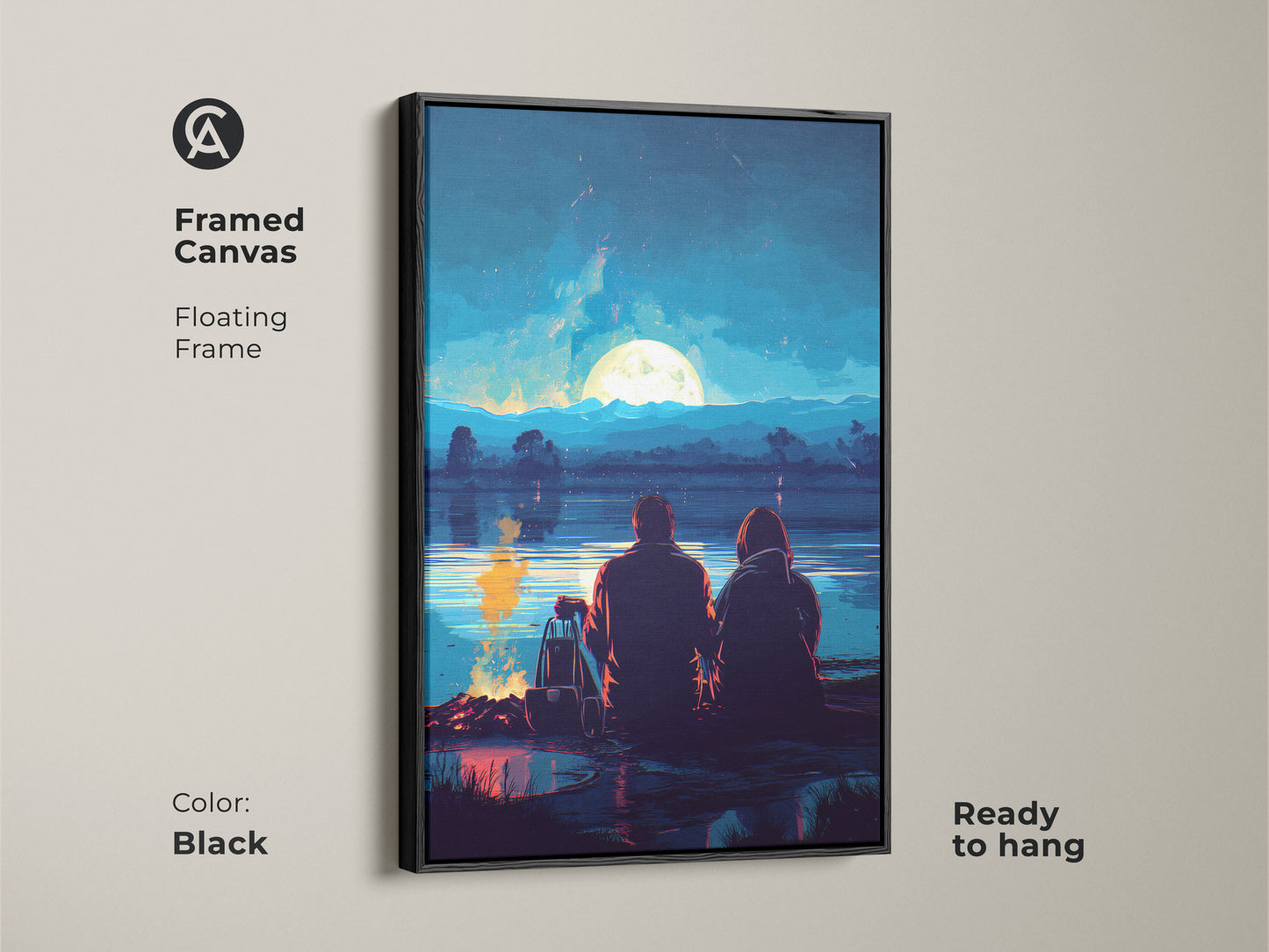 Framed canvas showcasing a couple by a campfire. The full moon is over a tranquil lake. Black floating frame enhances the deep blue night sky art. The artwork is ready to hang. A romantic anniversary gift.
