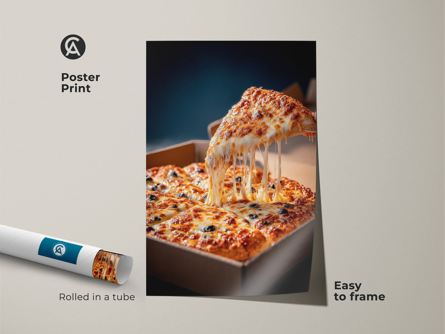 Pizza poster print rolled in a tube. The artwork displays a slice of pizza with melted cheese. A square pizza in a cardboard box is below. This pizza art is easy to frame. Get yours today.