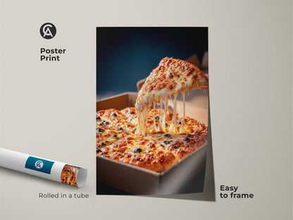 Pizza poster print rolled in a tube. The artwork displays a slice of pizza with melted cheese. A square pizza in a cardboard box is below. This pizza art is easy to frame. Get yours today.