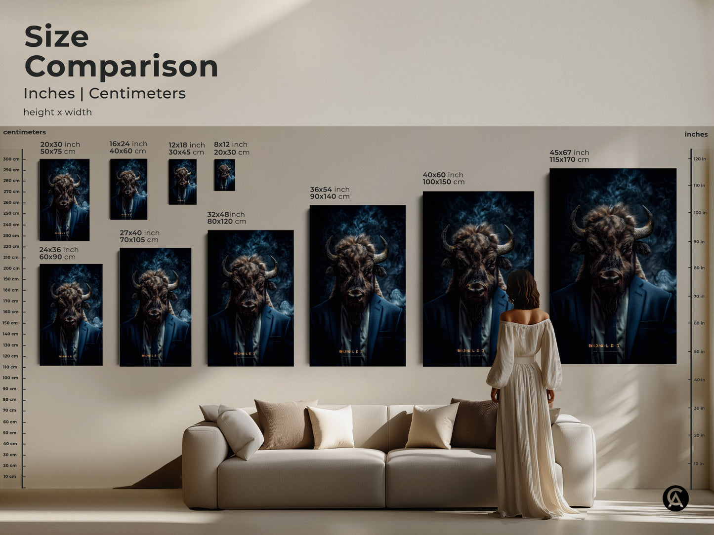 A size comparison chart for artwork. It shows various sizes in inches and centimeters. The artwork features a buffalo head on a man in a suit. A unique piece of wall art.