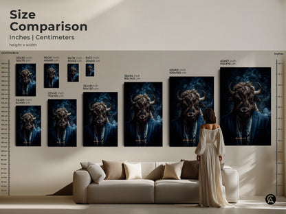 A size comparison chart for artwork. It shows various sizes in inches and centimeters. The artwork features a buffalo head on a man in a suit. A unique piece of wall art.