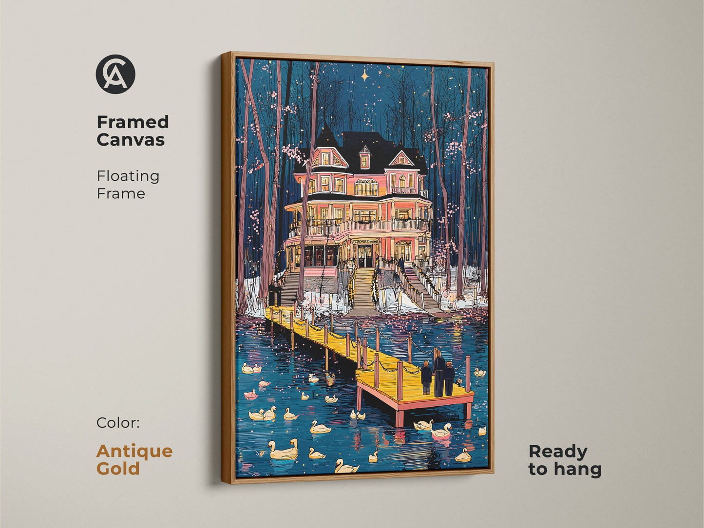 Antique Gold Framed Canvas of a Pink Victorian House near a Duck Lake. Floating frame ready to hang as unique housewarming gift. The blue pink sunset creates a dreamy night scene. Ideal for waterfront property art.