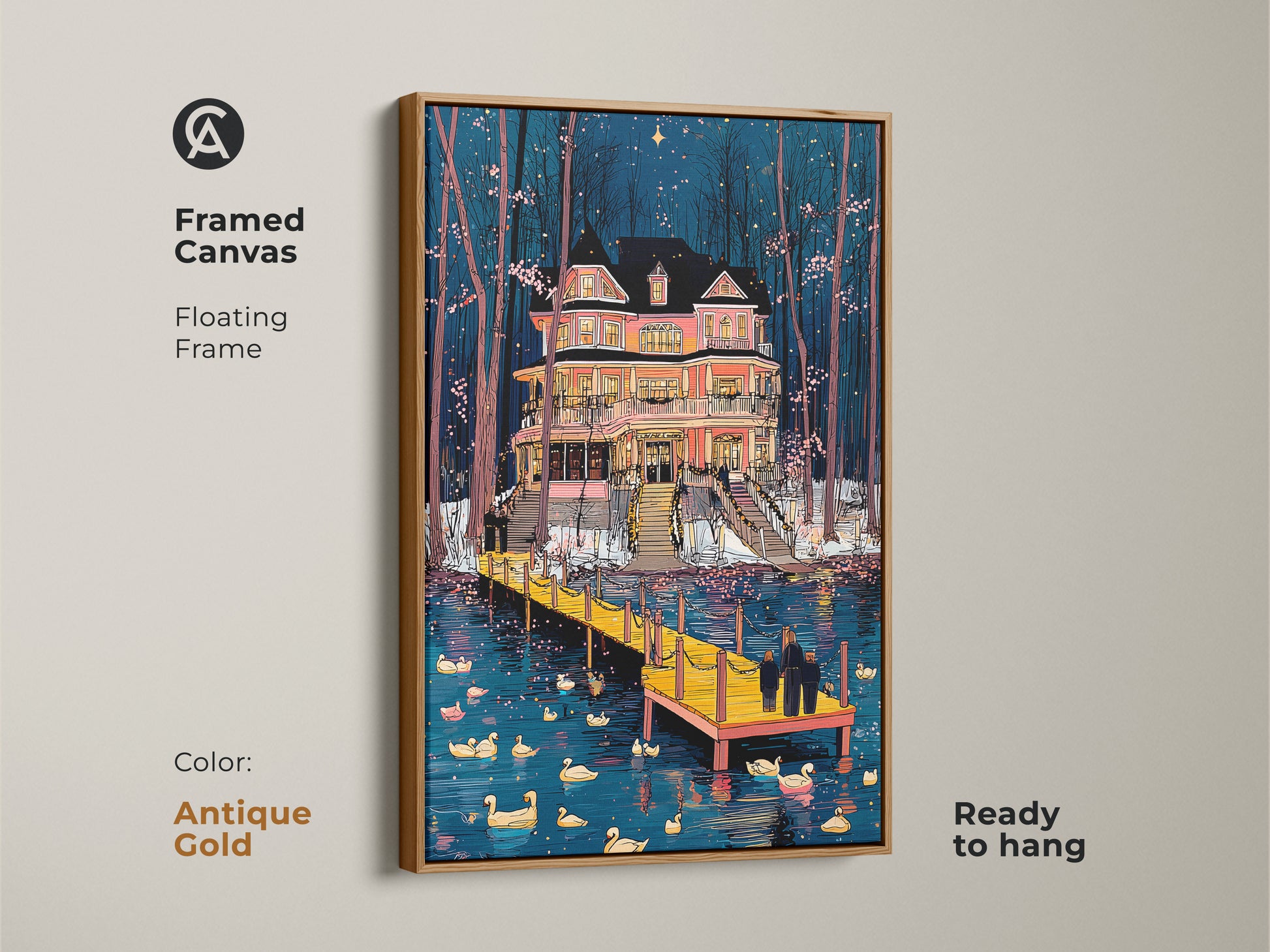 Antique Gold Framed Canvas of a Pink Victorian House near a Duck Lake. Floating frame ready to hang as unique housewarming gift. The blue pink sunset creates a dreamy night scene. Ideal for waterfront property art.