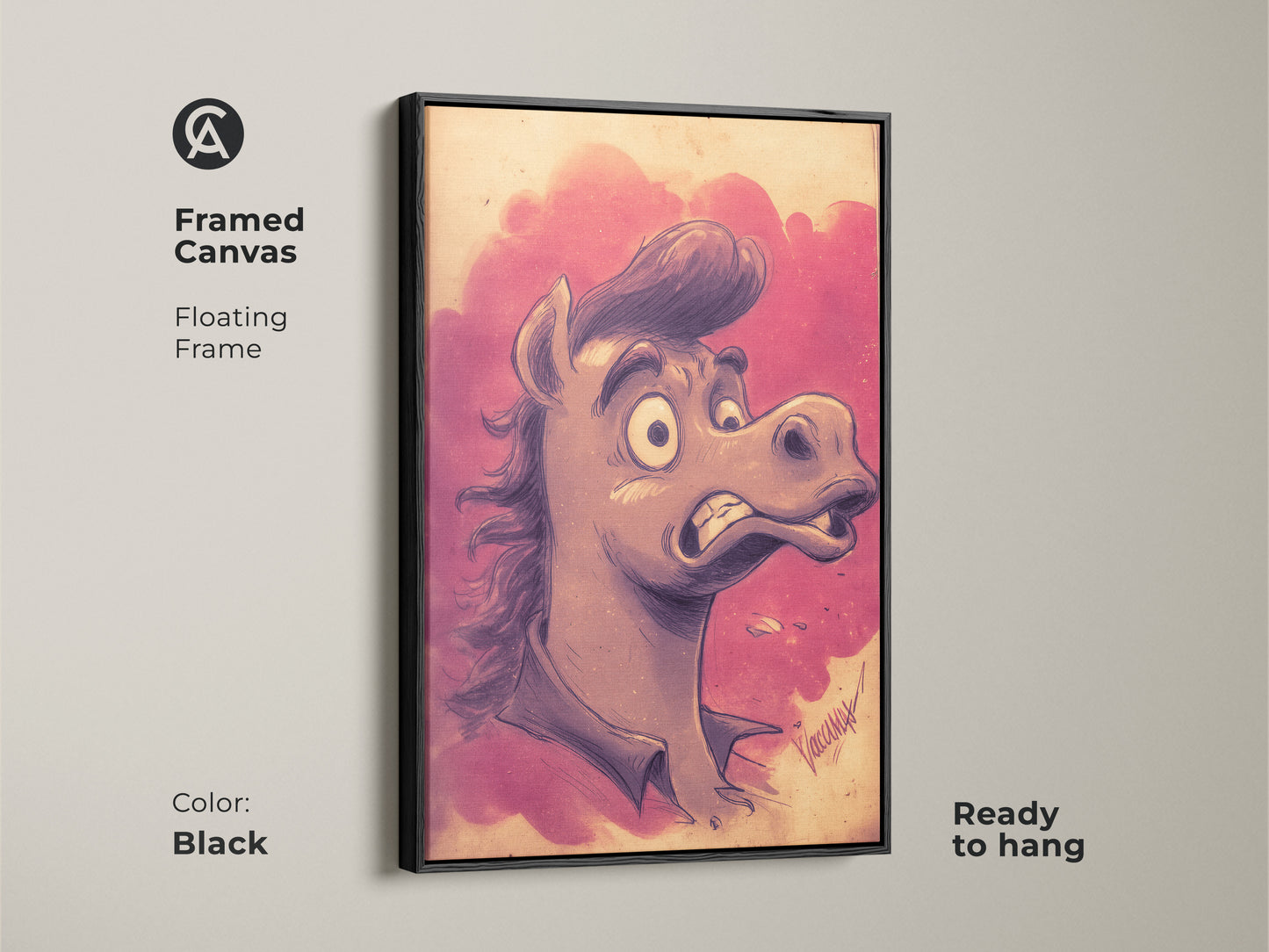 Framed in black this cartoon horse wall art is ready to hang. The pink and purple art print adds a pop of color. It's a funny animal artwork that enhances any space. This unique horse gift will be a conversation starter.