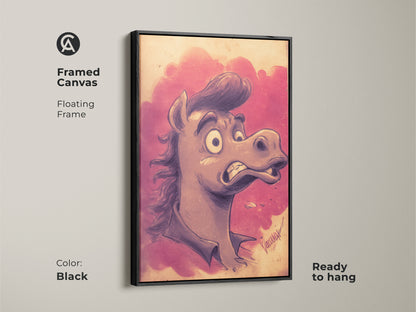 Framed in black this cartoon horse wall art is ready to hang. The pink and purple art print adds a pop of color. It's a funny animal artwork that enhances any space. This unique horse gift will be a conversation starter.