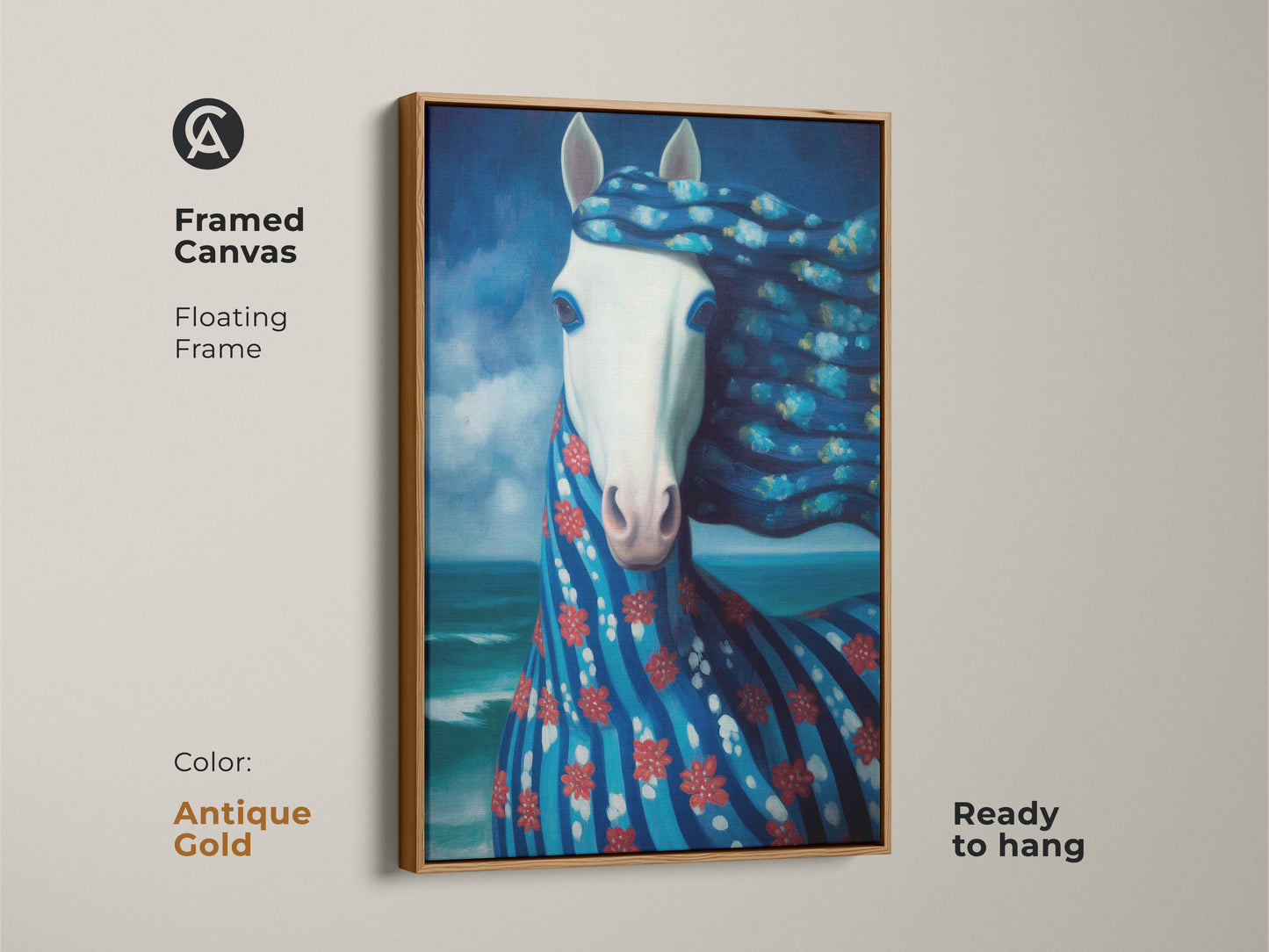 This framed canvas with an antique gold floating frame features a surreal horse art print. This ready-to-hang equestrian wall hanging is a unique gift. The deep blue animal artwork complements eclectic home styles.