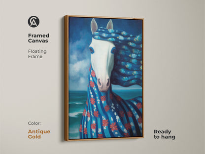 This framed canvas with an antique gold floating frame features a surreal horse art print. This ready-to-hang equestrian wall hanging is a unique gift. The deep blue animal artwork complements eclectic home styles.