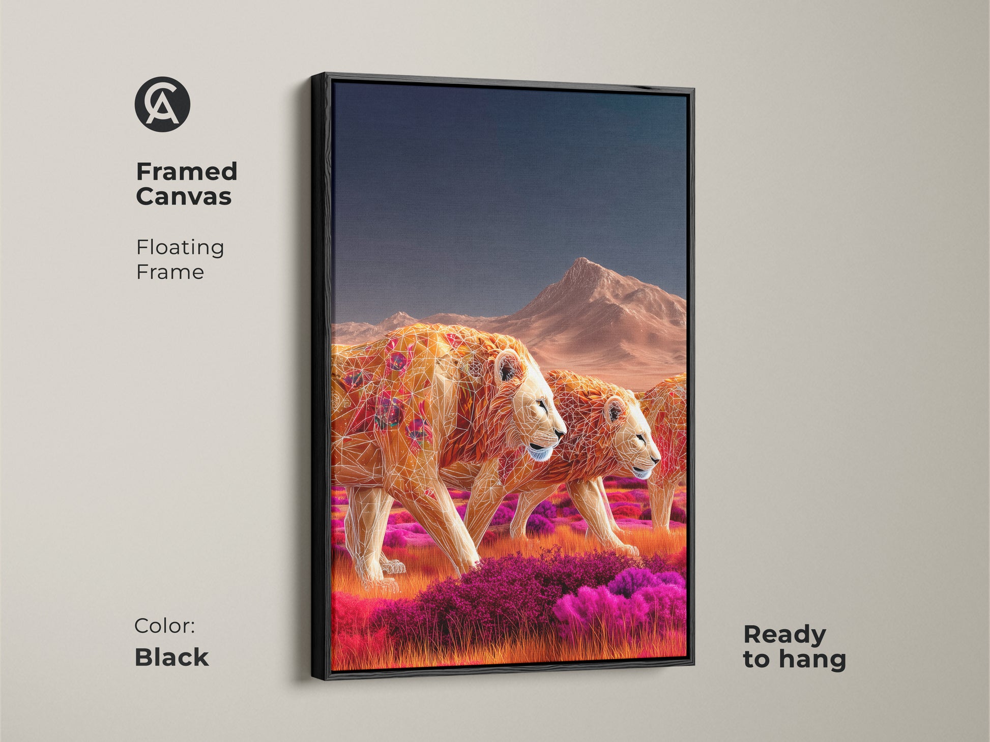 Framed canvas art features geometric lions in earthy ochre and tangerine tones. The black floating frame enhances this safari wildlife decor. Ready to hang this piece brings a touch of boho style to your living room. It's perfect for animal lovers seeking unique wall decor.