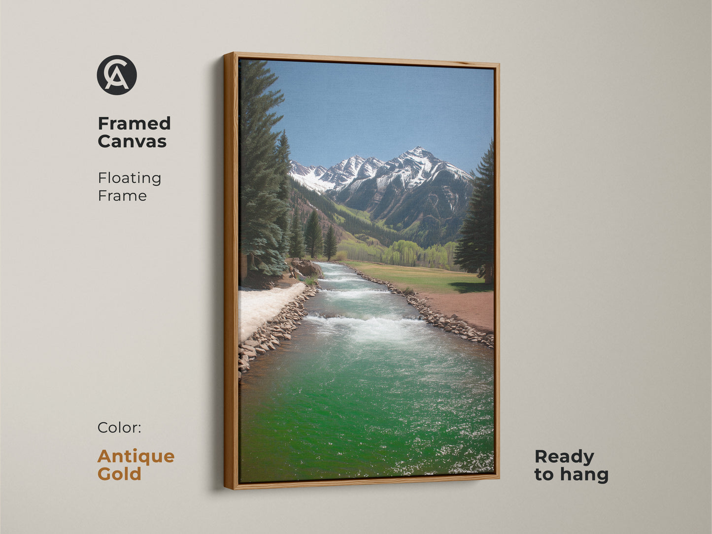 Antique gold frame surrounds this canvas art of a turquoise river landscape. The rustic mountain scene is a tranquil nature artwork. Ready to hang this pine tree and mountain print adds elegance to any room. A great gift for hikers.