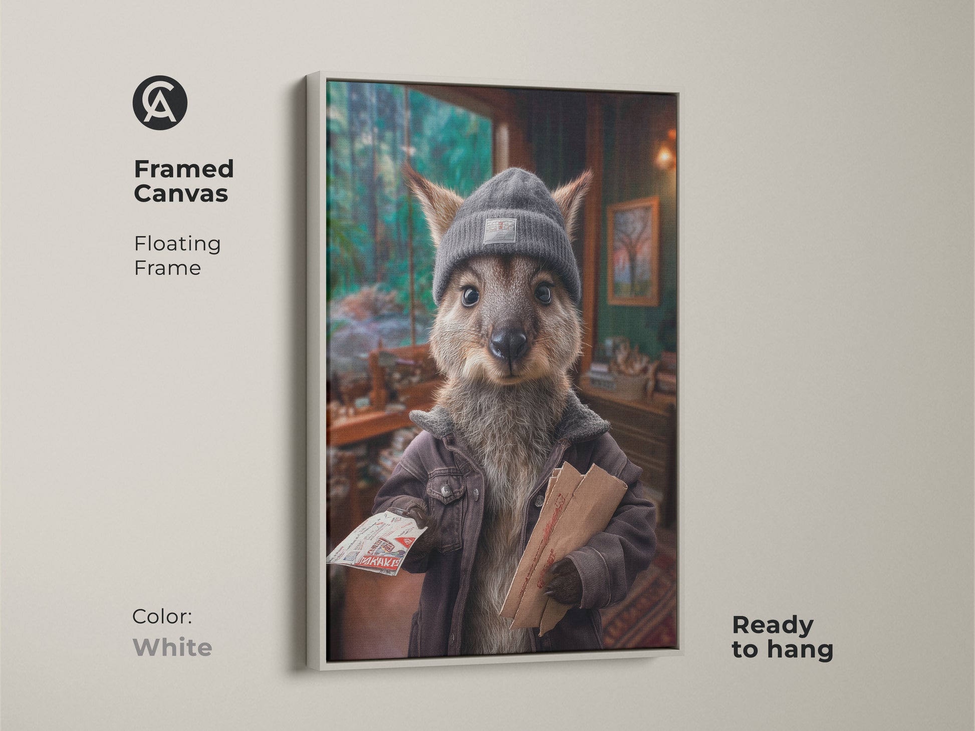 The white floating frame provides a clean modern look. The framed canvas art features a Kangaroo Postman in a whimsical setting. This print is ready to hang and brings eclectic style to your home. A perfect gift for animal lovers.
