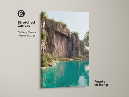 Stretched canvas print of a turquoise lake and cliff landscape. The gallery wrap features mirror edges. This nature scenery canvas art is ready to hang. It's ideal for contemporary bedroom wall decor. The realistic cliff face artwork adds a touch of the outdoors to any space.