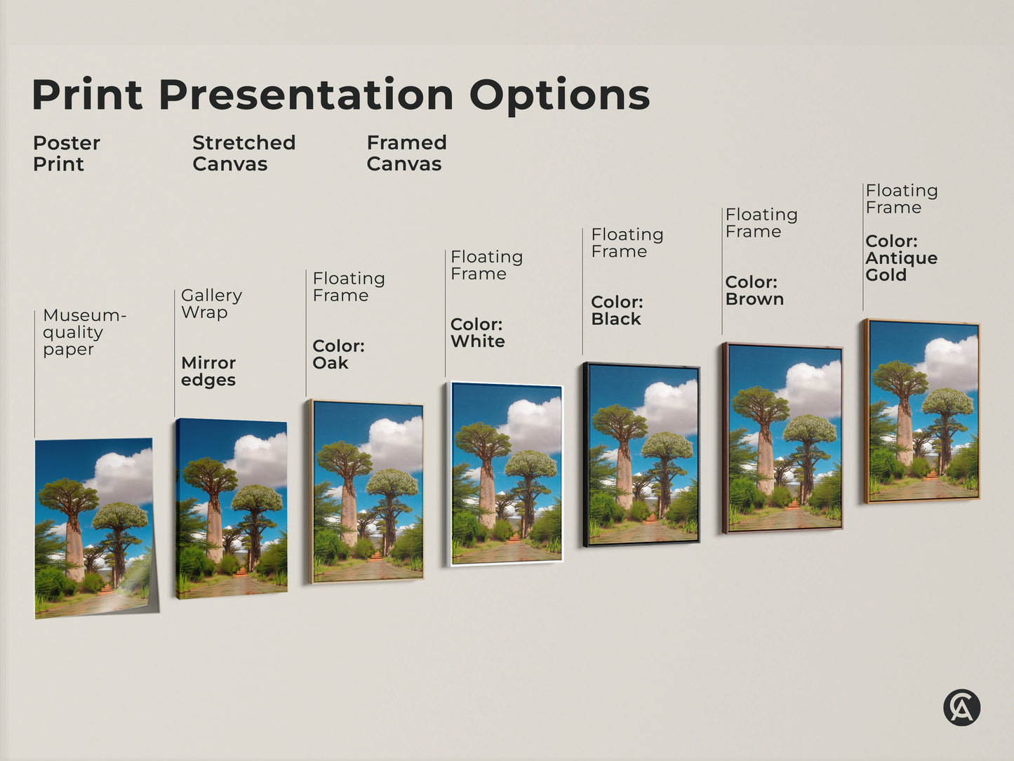 Print presentation options showcasing realistic baobab trees artwork. Choose from poster print stretched canvas or framed canvas. Options include black brown antique gold and white floating frames. Perfect for boho home decor. Bring the African savanna to your walls with museum-quality art.