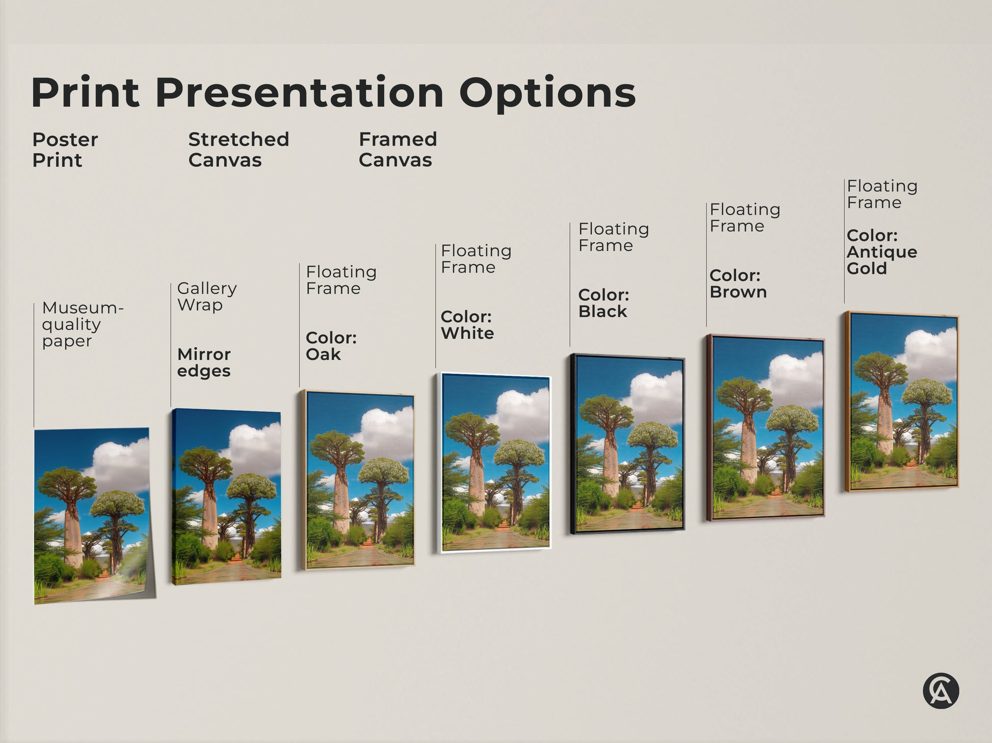 Print presentation options showcasing realistic baobab trees artwork. Choose from poster print stretched canvas or framed canvas. Options include black brown antique gold and white floating frames. Perfect for boho home decor. Bring the African savanna to your walls with museum-quality art.