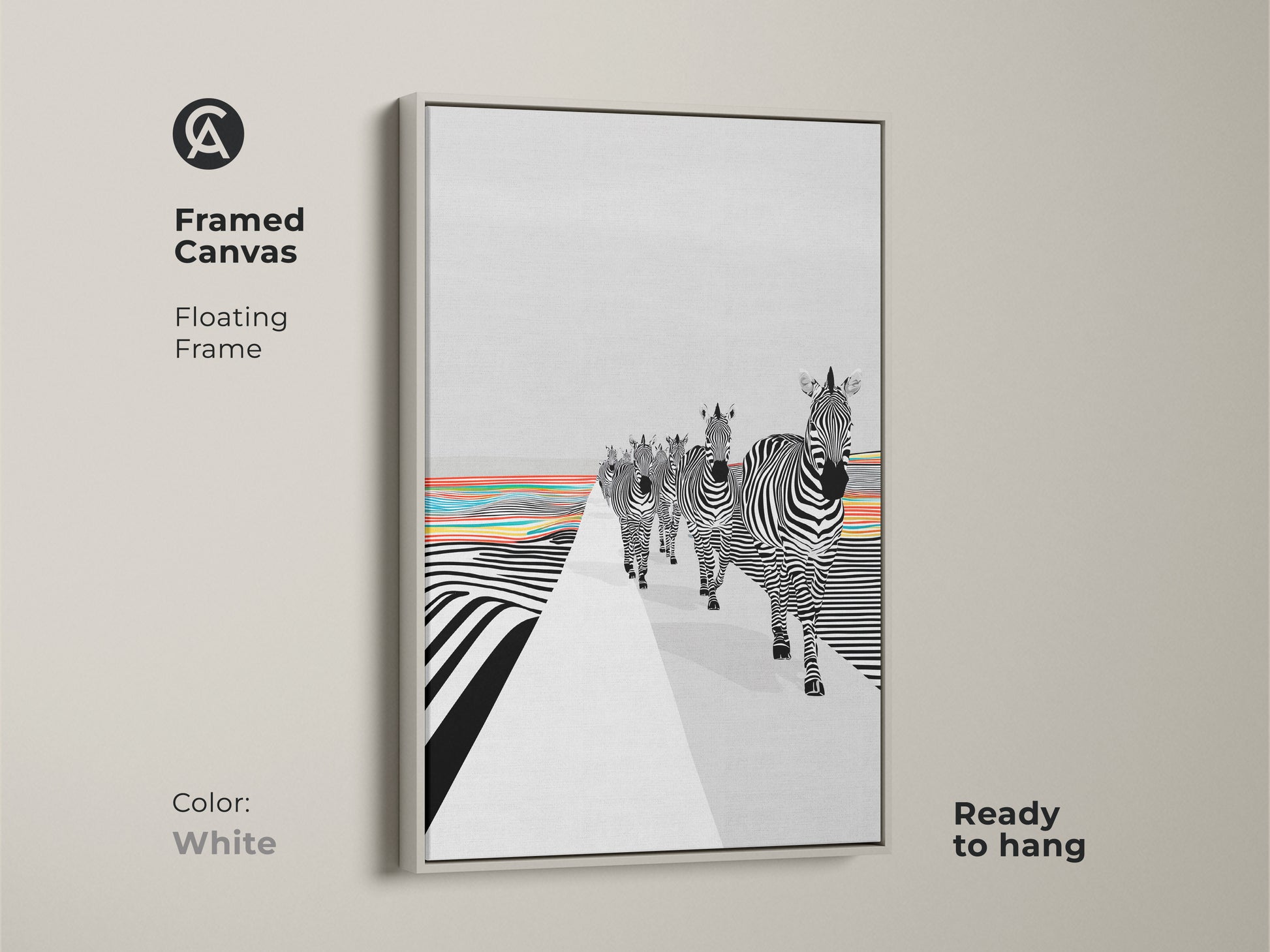 A framed canvas in a white floating frame is presented. The black and white zebra canvas print adds character to your walls. The modern graphic zebra artwork features rainbow stripes. This animal themed art is ready to hang in your home. It is a unique animal print for any living room