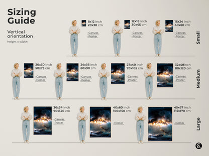 Sizing guide for vertical orientation space artwork. Available in small medium and large sizes. Choose from canvas or poster prints. Find the perfect fit for your space. Transform your walls with this cosmic art.