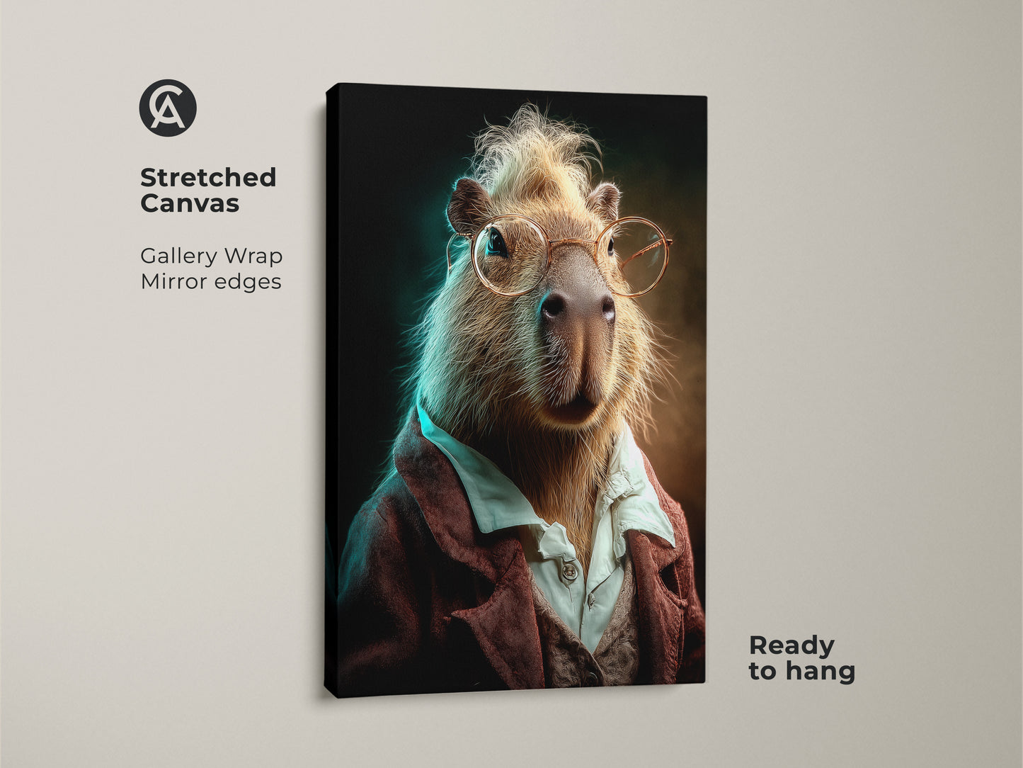 Stretched canvas print of a funny capybara wearing glasses. Ready to hang this gallery-wrapped eclectic animal art adds humor to your office. A unique gift for any animal lover