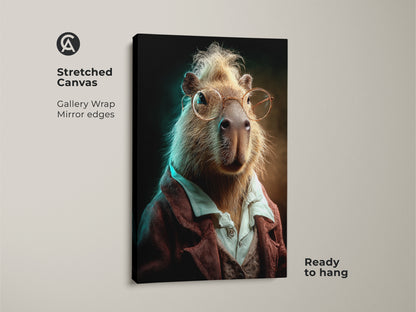 Stretched canvas print of a funny capybara wearing glasses. Ready to hang this gallery-wrapped eclectic animal art adds humor to your office. A unique gift for any animal lover