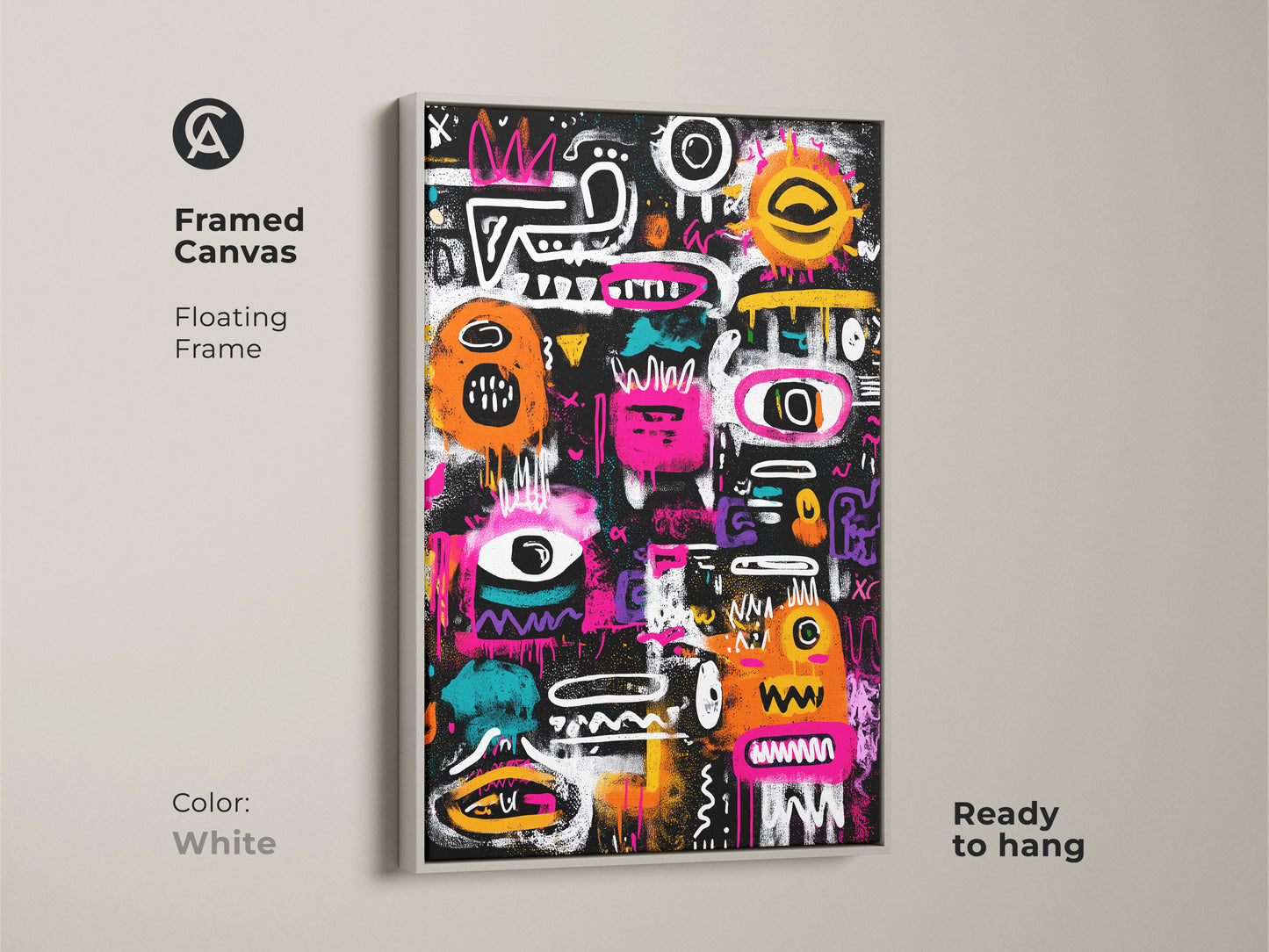 Framed canvas featuring abstract graffiti artwork. The floating frame enhances the modern look. The artwork is ready to hang and adds a touch of urban flair to any space. This framed canvas comes in white. Explore our collection and find your perfect art piece today