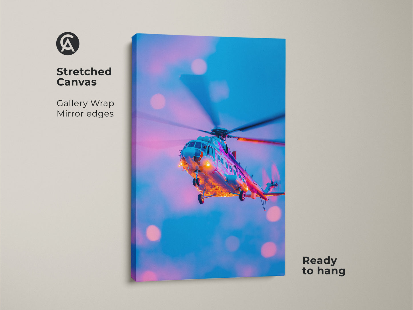Stretched canvas of a helicopter. This gallery-wrapped canvas features a helicopter in flight. The mirror edges add depth to the artwork. Ready to hang this canvas print brings a modern touch to any home or office space. A great piece for aviation lovers.