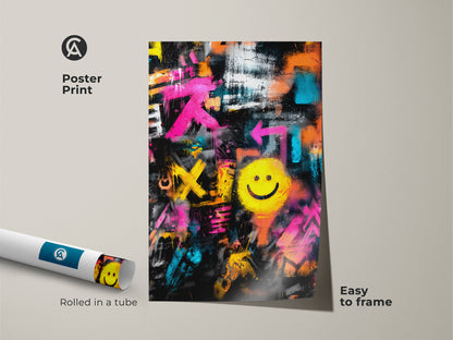 Poster print of graffiti art with a smiley face. Rolled in a tube for easy framing. The museum-quality paper enhances the colors. Ideal for those who appreciate street art.