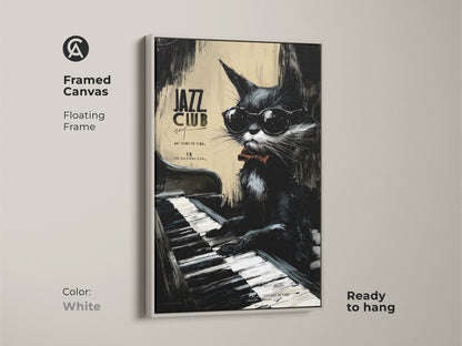 Framed canvas with a white floating frame. It shows a cool cat playing piano at a jazz club. This stylish artwork is ready to hang. Perfect for adding a musical touch to your space.