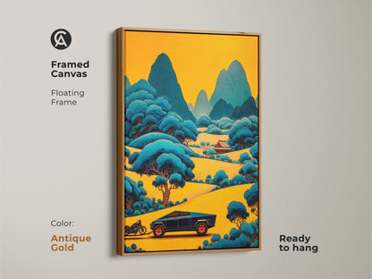Framed canvas with an antique gold frame shows the stylized mountain road canvas artwork. The yellow and blue landscape art is a modern and eclectic piece. A perfect housewarming gift for him. It adds a touch of sophistication to any space.