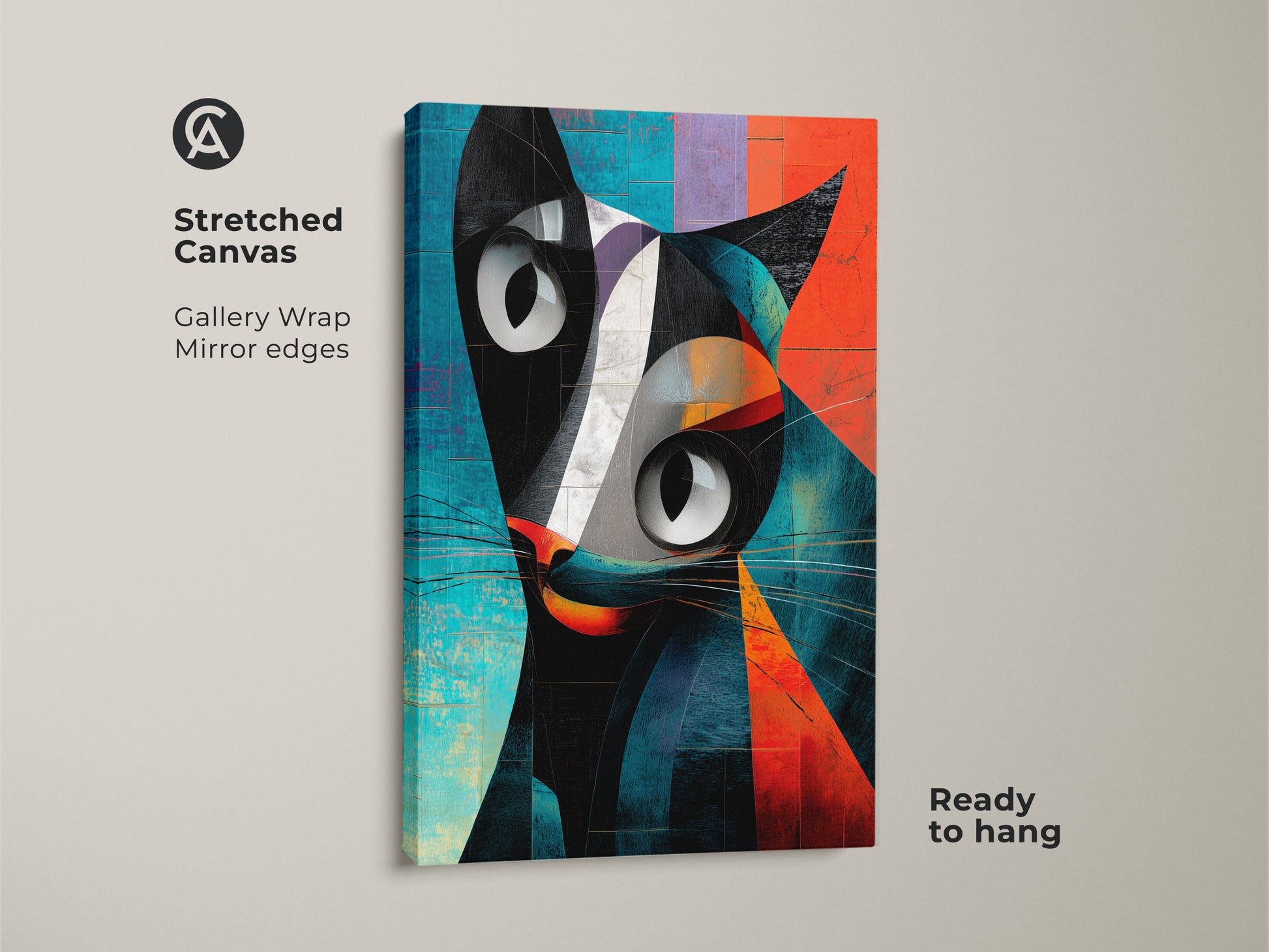 Stretched canvas of a cubist cat wall artwork. The gallery wrap has mirror edges. This abstract animal print is ready to hang. The modern black orange and teal art will enhance your living space. Get this contemporary cat decor today