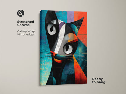 Stretched canvas of a cubist cat wall artwork. The gallery wrap has mirror edges. This abstract animal print is ready to hang. The modern black orange and teal art will enhance your living space. Get this contemporary cat decor today