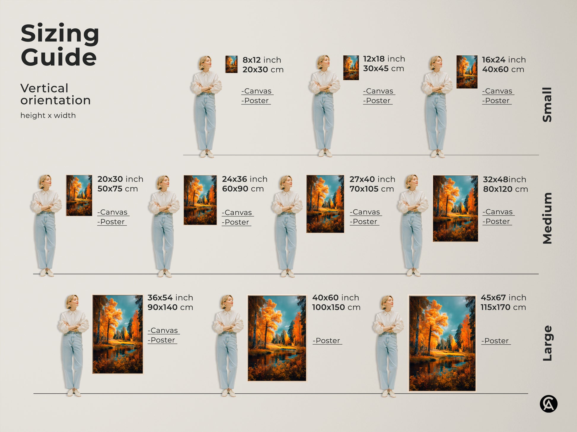 Sizing guide for vertical autumn landscape artwork. Visualize canvas and poster sizes from small to large. See how the art fits in different spaces. Find the perfect dimensions for your wall. Transform your home with our beautiful landscape art prints today.
