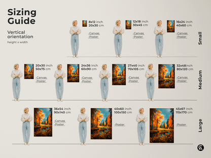 Sizing guide for vertical autumn landscape artwork. Visualize canvas and poster sizes from small to large. See how the art fits in different spaces. Find the perfect dimensions for your wall. Transform your home with our beautiful landscape art prints today.