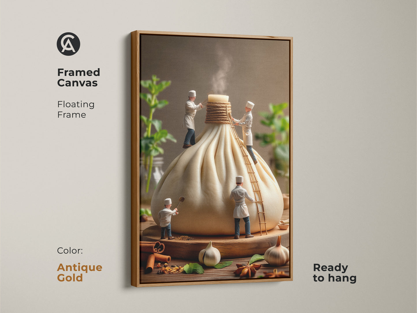 Framed canvas art print of miniature chefs crafting a giant dumpling. The antique gold floating frame adds elegance to this food-themed artwork. Enhance your kitchen decor with this ready-to-hang art piece.