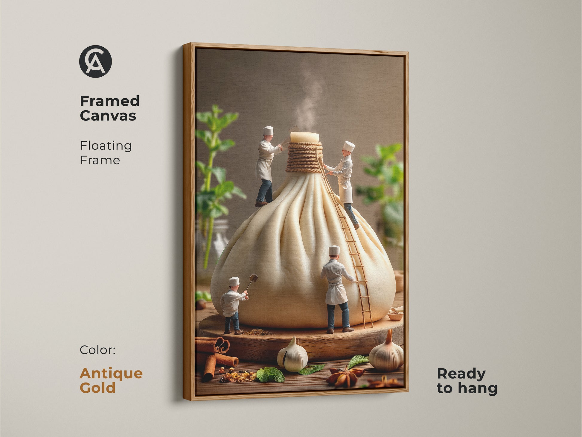 Framed canvas art print of miniature chefs crafting a giant dumpling. The antique gold floating frame adds elegance to this food-themed artwork. Enhance your kitchen decor with this ready-to-hang art piece.