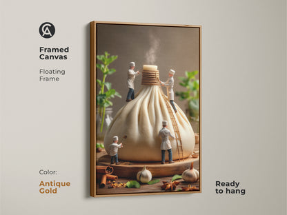 Framed canvas art print of miniature chefs crafting a giant dumpling. The antique gold floating frame adds elegance to this food-themed artwork. Enhance your kitchen decor with this ready-to-hang art piece.