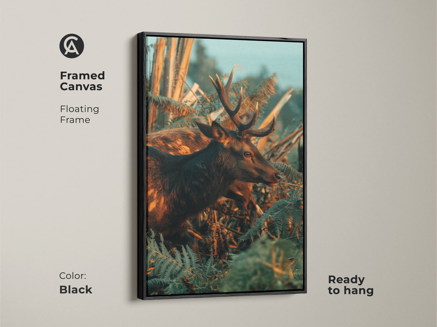 Framed canvas of a deer and fern wildlife artwork with a black floating frame. Ready to hang this photorealistic nature print adds rustic charm. The amber and teal tones enhance the forest scene. Perfect for hunting lodge decor or a nature lover's home. The framed artwork brings a touch of the wild indoors.