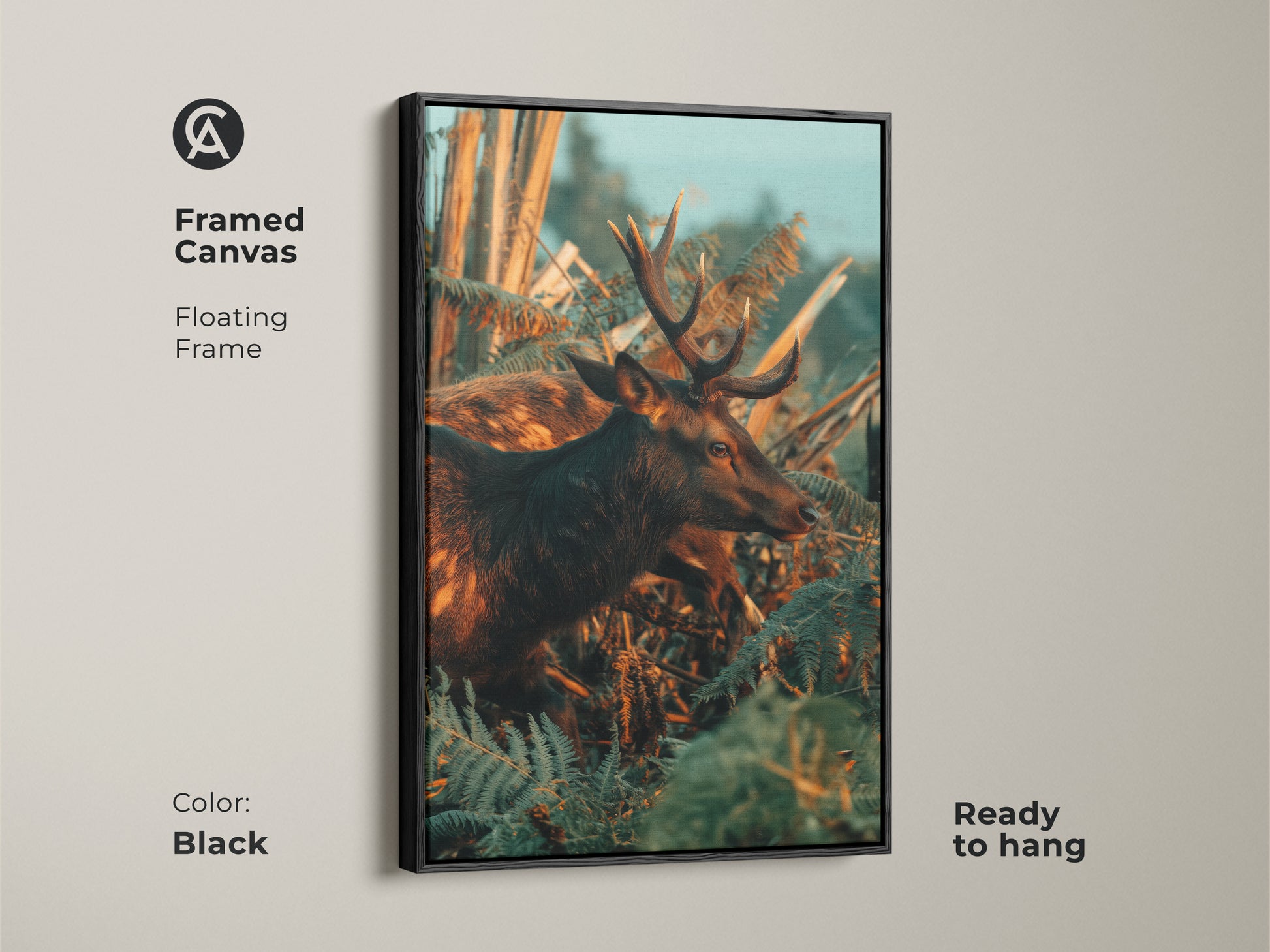 Framed canvas of a deer and fern wildlife artwork with a black floating frame. Ready to hang this photorealistic nature print adds rustic charm. The amber and teal tones enhance the forest scene. Perfect for hunting lodge decor or a nature lover's home. The framed artwork brings a touch of the wild indoors.