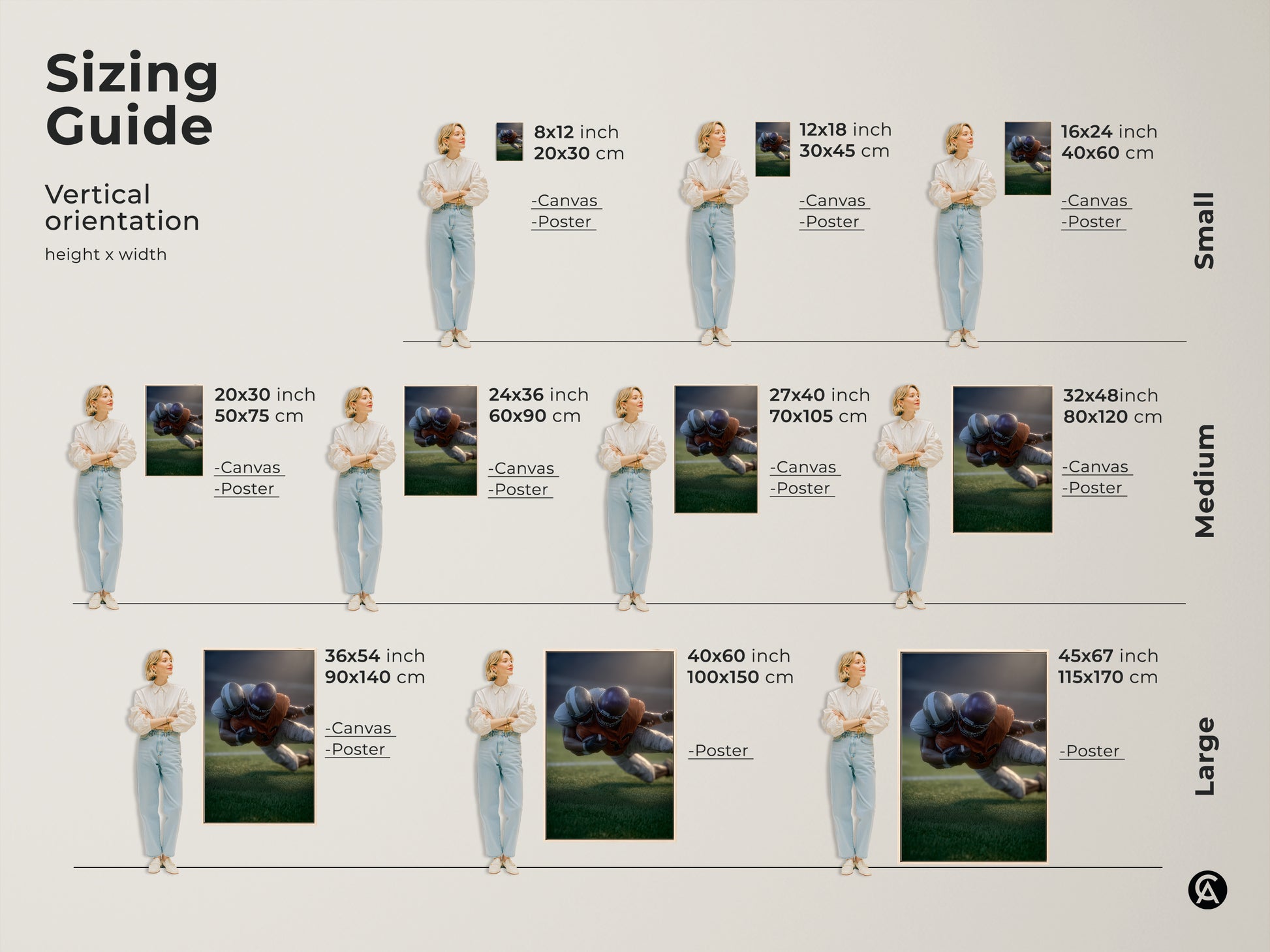 Sizing guide for realistic football player artwork. Vertical orientation options available in canvas and poster formats. Sizes range from small 8x12 inch to large 45x67 inch prints. Perfect for adding modern sports art to any space or as a gift for football fans.