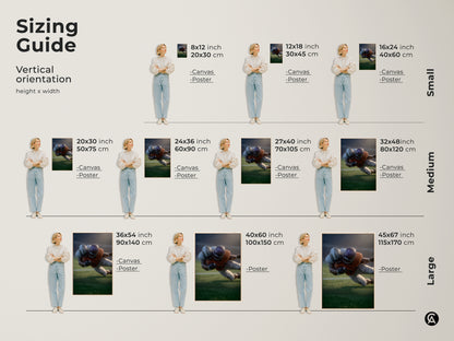Sizing guide for realistic football player artwork. Vertical orientation options available in canvas and poster formats. Sizes range from small 8x12 inch to large 45x67 inch prints. Perfect for adding modern sports art to any space or as a gift for football fans.