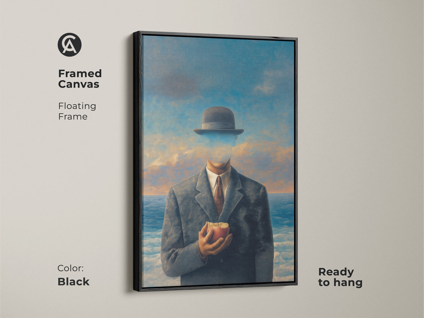 Framed canvas print of a surrealist man holding an apple. The black floating frame adds elegance to this philosophical artwork. Ready to hang art for study room office decor. Conceptual figurative wall art with cloudy sky ocean backdrop. Gift for philosophers.