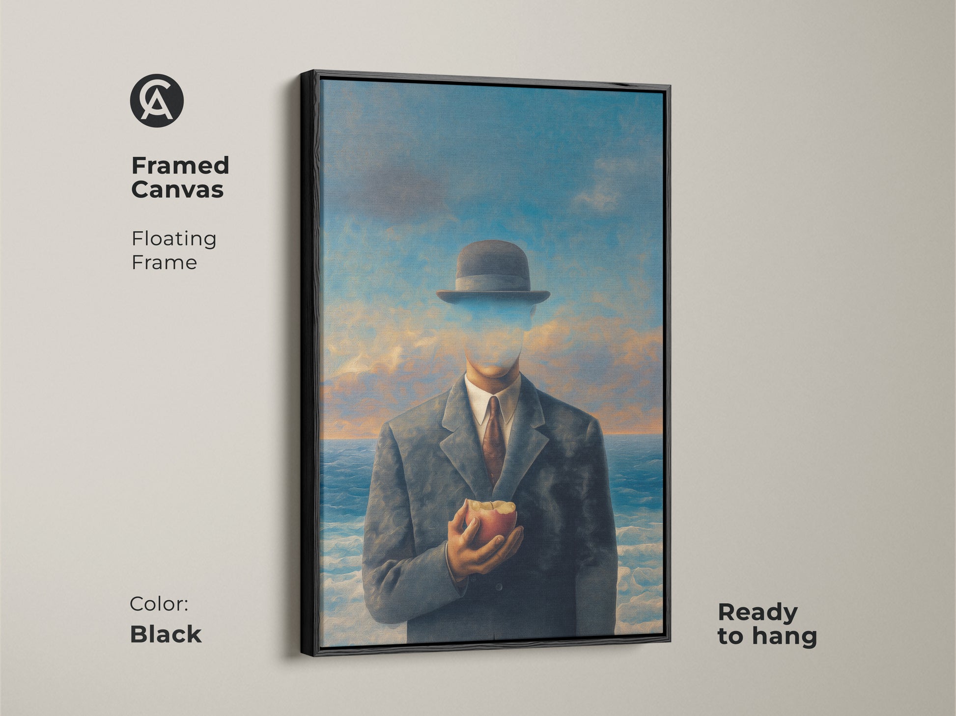 Framed canvas print of a surrealist man holding an apple. The black floating frame adds elegance to this philosophical artwork. Ready to hang art for study room office decor. Conceptual figurative wall art with cloudy sky ocean backdrop. Gift for philosophers.
